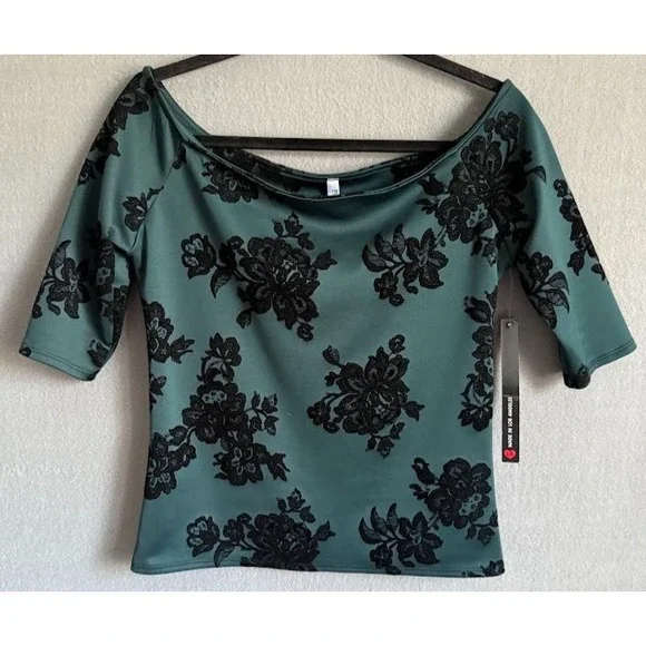 Philosophi L A Top Women Large Green Black Floral Velvet Burnout Off Shoulder - Picture 1 of 14